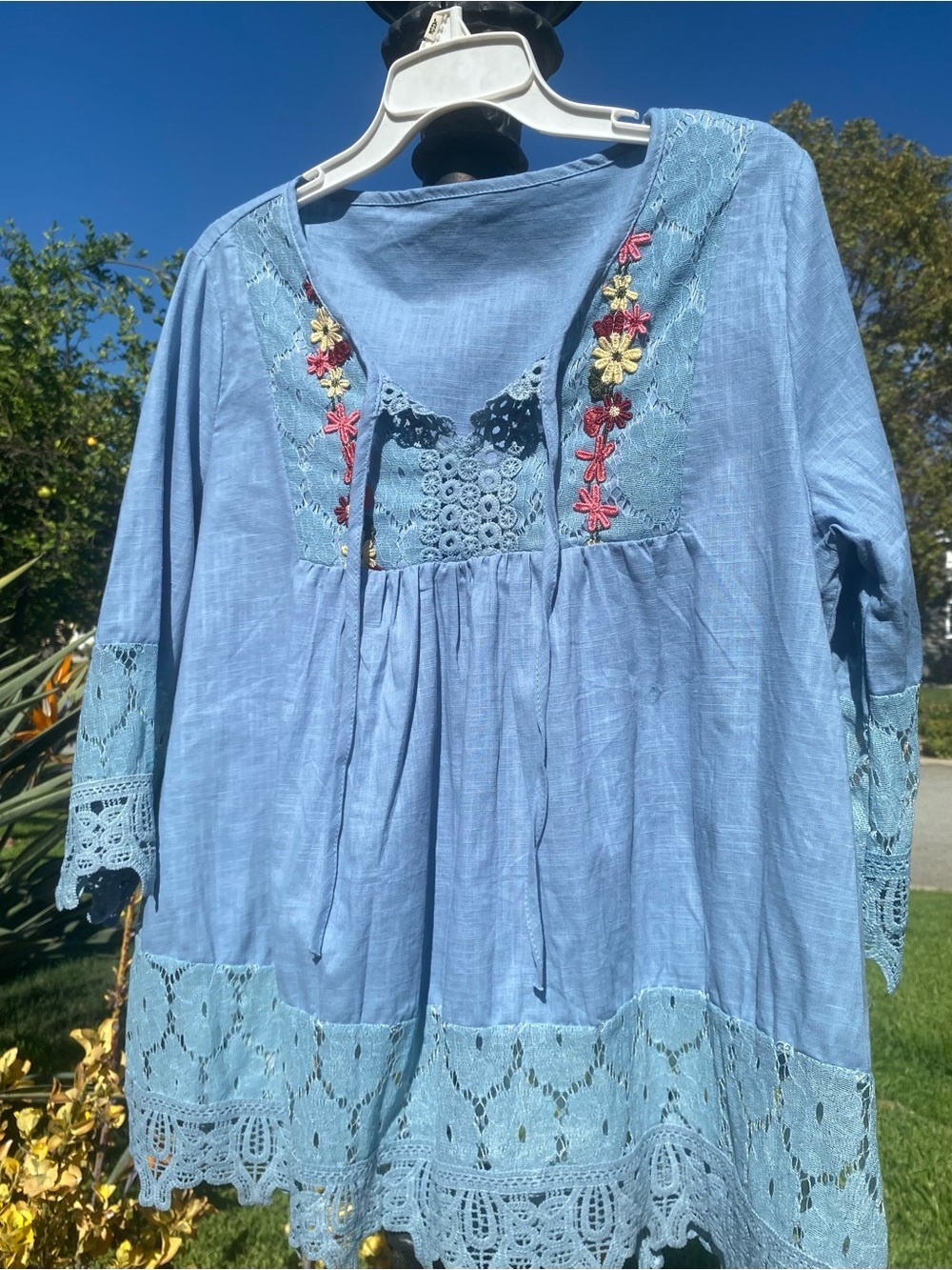 Blue Floral Embroidered Lace Babydoll Tunic Top S